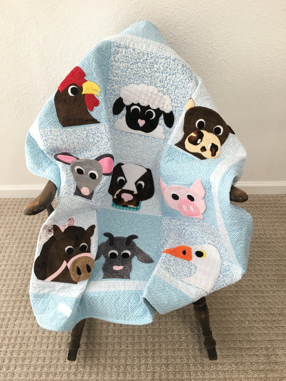 Small Nine Farm Animal Applique Quilt