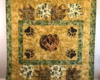 Golden Bear Quilt, Gold, Green and Brown, With Appliqué, XL Twin Size