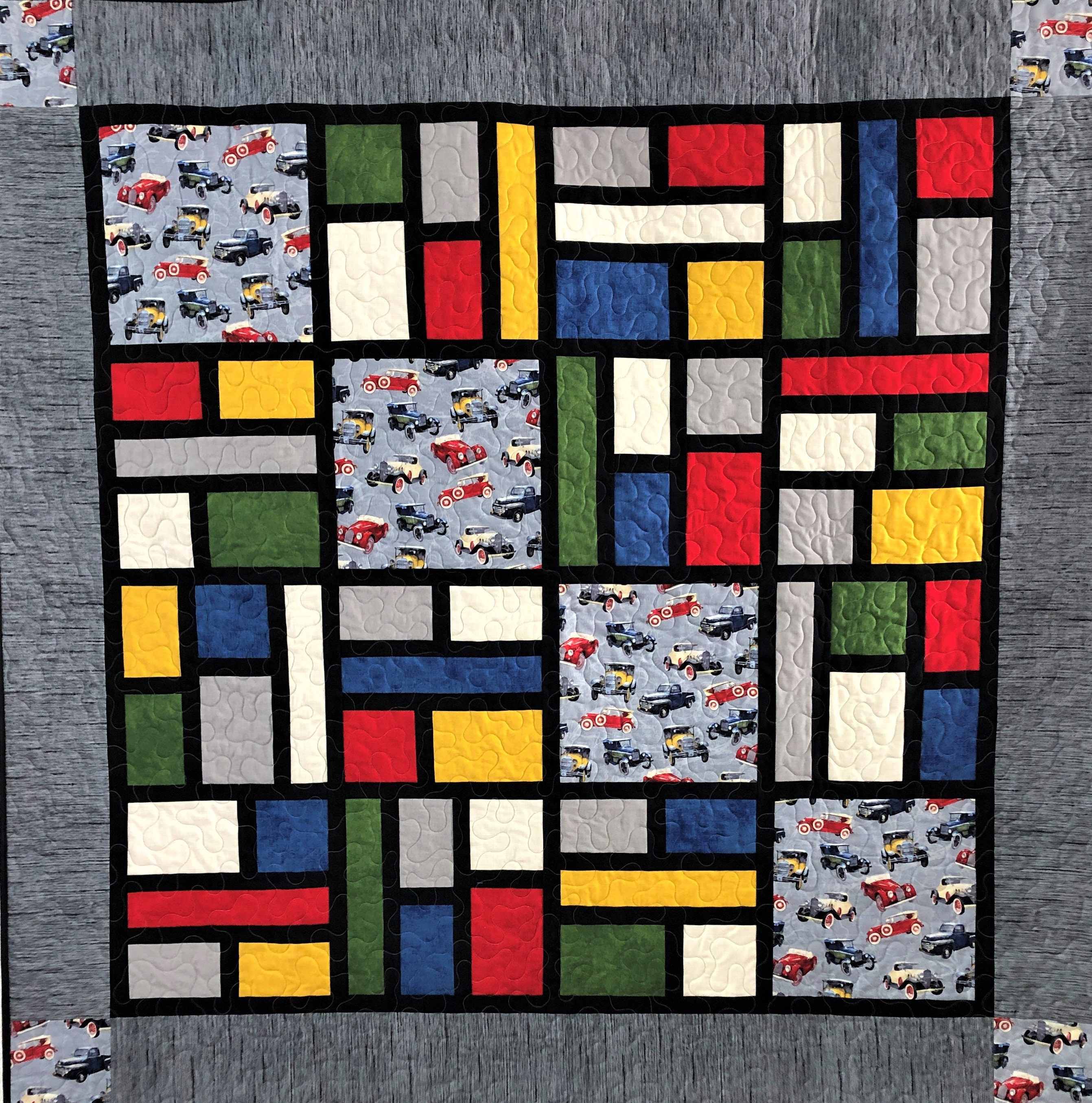 Vintage Car Quilt, Primary Colors Building Blocks, Modern Neoplasticism
