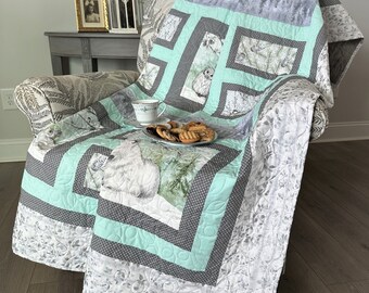 Family of Forest Animals, Mint and Silver, Large Throw Quilt