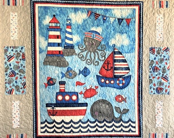 Ocean Quilt, Harbor with Lighthouses, Boats, Octopus, and Whale, Blue and Gray, Throw Size
