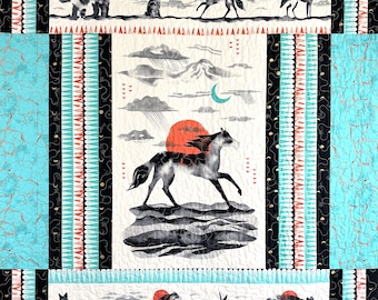 Horse Running Under a Sun Filled Sky Throw Quilt