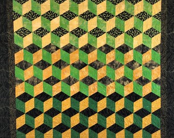 Loki Quilt, Cube Optical Illusion, Green, Black, and Gold, Throw Size