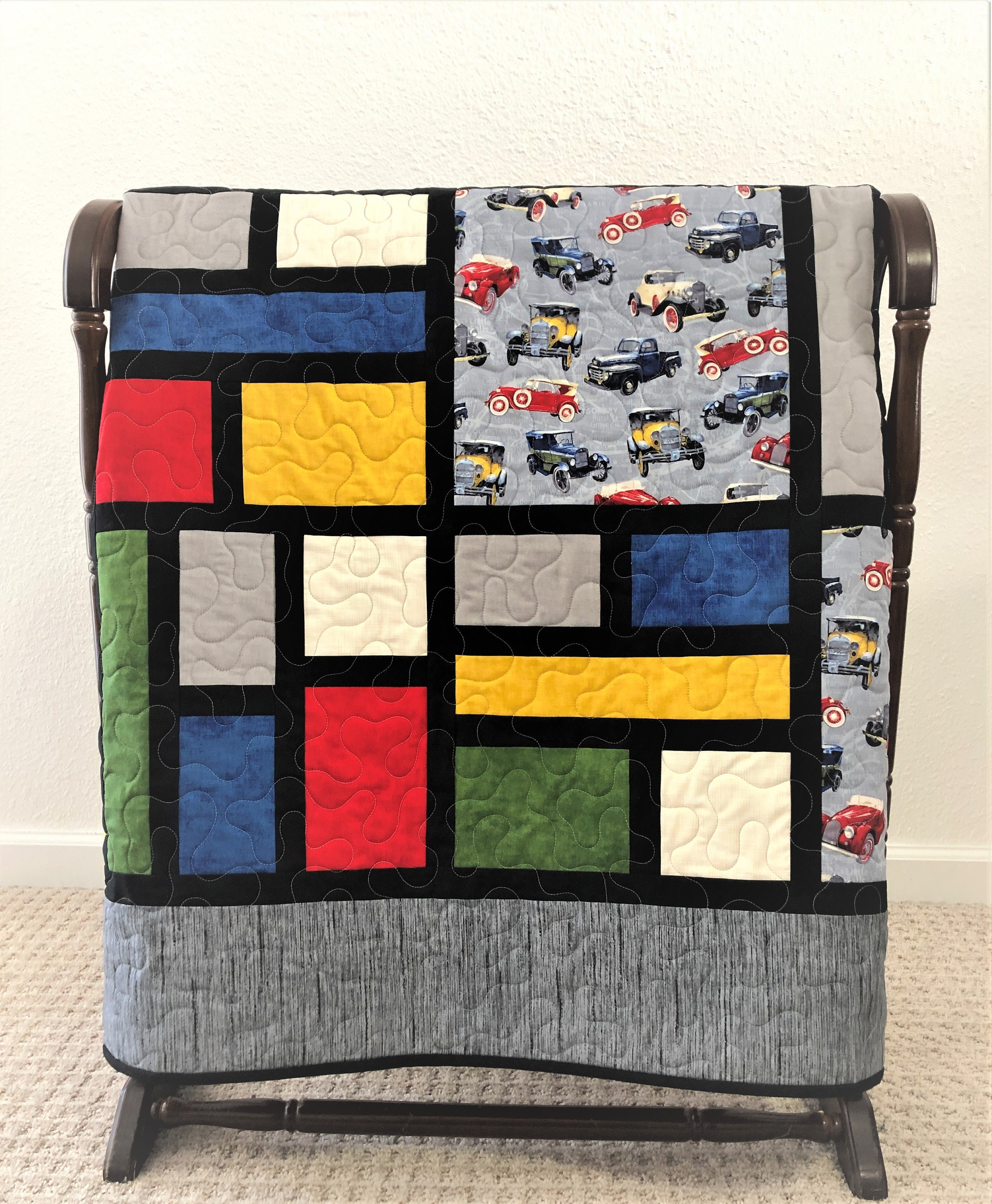 Vintage Car Quilt, Primary Colors Building Blocks, Modern Neoplasticism