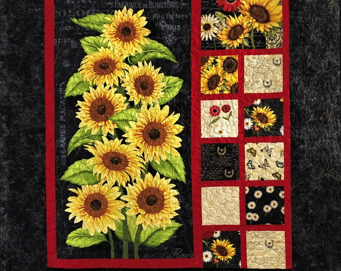 Sunflower Quilt, Red, Yellow, and Black, Throw Size