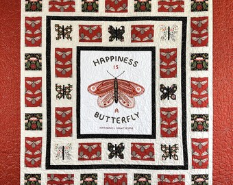 Happiness is a Butterfly, Red and Cream, Large Lap Quilt