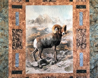 Rocky Mountain Big Horned Sheep Quilt, Tan, Green, and Blue, Throw Size