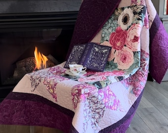Trees and Flowers Quilt, Pink and Purple, Throw Size