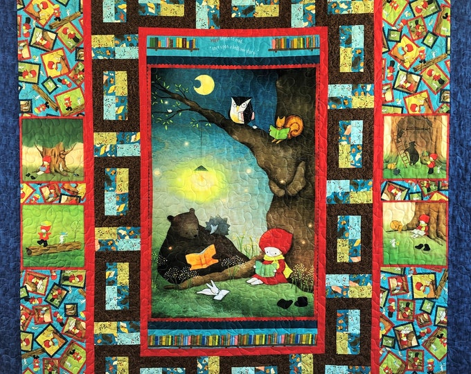 Red Hat Girl Quilt, With Bear at the Library Tree, Red, Blue, and Green, Throw Size