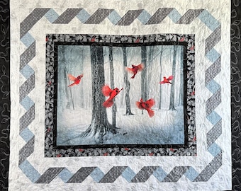 Winter Forest with Cardinals, Landscape Throw Size Quilt