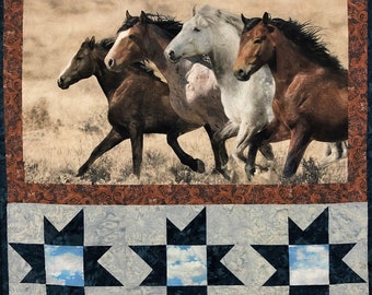 Wild Horses Running Quilted Wall Hanging, Brown, Gray, and Blue