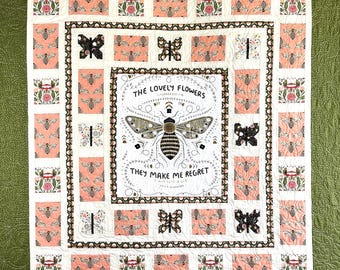 Floral Butterfly Lap Quilt: Emily Dickinson Book Quote, Green & Cream