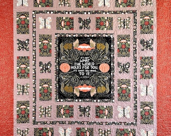 L.M. Montgomery Quote, Floral Red and Black, Large Lap Size Quilt