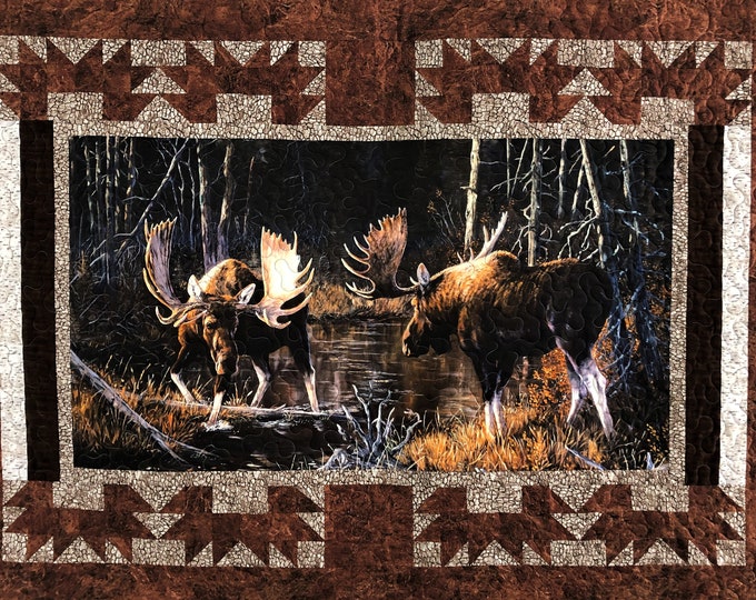 Moose Meeting in the Deep Forest Quilted Wall Hanging, Brown and Tan