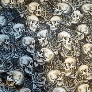 May include: A black and white pattern featuring a repeating design of skulls and roses. The skulls are drawn in a realistic style with detailed features. The roses are stylized and have a vintage look.