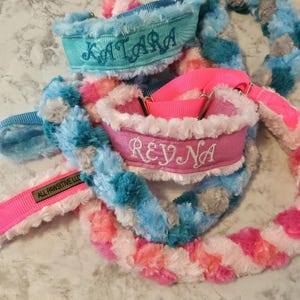 May include: Two plush pet collars and leashes featuring soft, textured fabric in blue, pink, and white. One collar is embroidered with the name KATARA in blue, and the other with REYNA in pink. A tag reads ALL PAWSITIVE LLC on a pink strap.