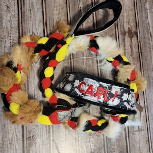 Custom Rabbit Fur Ring Lead - Embroidered Name Option-Choice of Collar Fabric, Minky and Fleece, Agility Lead, Barnhunt Lead, Martingale