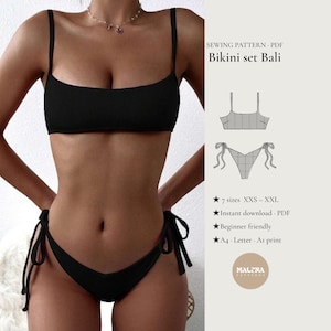 May include: A black ribbed bikini set featuring a square neckline top with thin shoulder straps and matching bottoms with side tie closures. The text reads SEWING PATTERN PDF Bikini set Bali, 7 sizes XXS-XXL, Instant download PDF, Beginner friendly, A4 Letter A1 print.