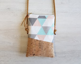 Bolsa para celular / Bolsa transversal para celular / Bolsa de ombro / Lona / Cortiça / Vegana / Triângulos multicoloridos
