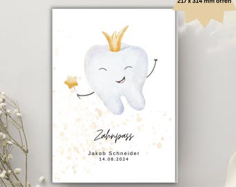 Zahnpasshülle DIN A5 personalisierbar mit Name / Schutzhülle für den Zahnpass / Niedlicher Zahn mit Krone