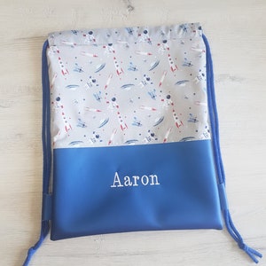 Sac de sport personnalisé avec prénom / sac de sport enfant / sac de sport maternelle / sac de sport / coton / simili cuir / fusée astronaute
