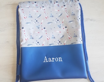 Gym bag personalized with name / children's gym bag / kindergarten gym bag / sports bag / cotton / imitation leather / astronaut rocket