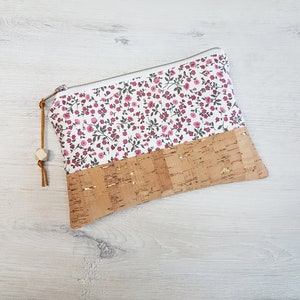 Kosmetiktäschchen,makeup bag XL, Tampontäschchen, kleines Täschchen, Korkstoff, rosa, goldfarben, floral, Baumwolle