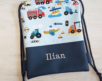 Personalized gym bag / children's gym bag / kindergarten gym bag / sports bag / cotton / faux leather / vehicles