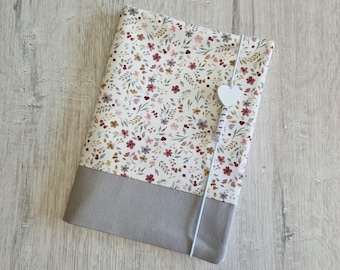 Funda de libro en U personalizable con compartimento y nombre / funda para libro de exámenes / funda para libro de salud / algodón / lona / flores gris