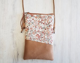 Mobiele telefoon tas / mobiele telefoon tas om rond te hangen / crossbody / schoudertas / kleine tas / katoen / kunstleer / veganistisch / bloemenbloemen