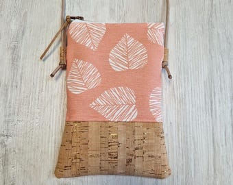 Capa para celular / Capa transversal para celular / Bolsa de ombro / Lona / Cortiça / Vegana / Folhas