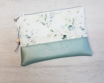 Trousse personalizzabile con nome / trousse XL / pochette / cotone / ecopelle / eucalipto