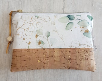 Cosmetic bag customizable with name XL/Small bag/personalized gifts/cotton/cork/eucalyptus white