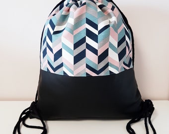 Turnbeutel, Kinderturnbeutel, Gymbag, Festivalbag mit Innenstoff, geometrisch, multicolor, schwarz, rosa, mint, grau,  Kunstleder, Canvas