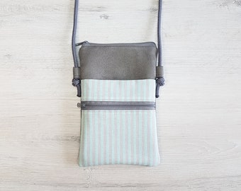 Mobile phone bag / mobile phone bag to hang around / crossbody / shoulder bag / cotton / imitation leather / stripes gray mint