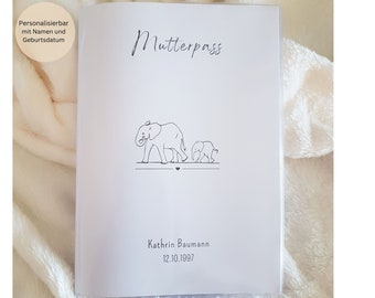 Mutterpasshülle personalisiert mit Zusatzfach und Namen / Hülle Mutterpass / Geschenk Schwangerschaft / Schutzhülle / Elefant minimalistisch