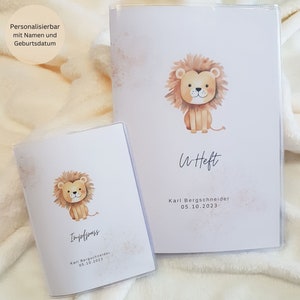 Set van U-boekje en vaccinatiebewijs gepersonaliseerd met naam / gezondheidsboekje omslag / onderzoeksboekje omslag / geboortegeschenk / beschermhoes / leeuw