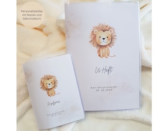 Set de cartilla médica y certificado de vacunación personalizado con nombre / funda para cartilla sanitaria / funda para cartilla de exámenes / regalo de nacimiento / funda protectora / león