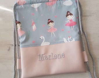 Personalized gym bag with name / Children's gym bag / Kindergarten gym bag / Backpack / Cotton / Faux leather / Ballerina grey