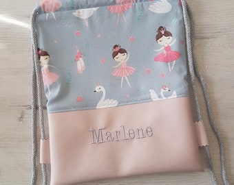 Sac de sport avec nom / sac de sport pour enfants / sac de sport pour maternelle / sac à dos / coton / simili cuir / ballerine gris