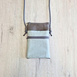 Sac pour téléphone portable / Sac pour téléphone portable à porter en bandoulière / Sac bandoulière / Sac à bandoulière / Coton / Simili cuir / Rayures gris menthe