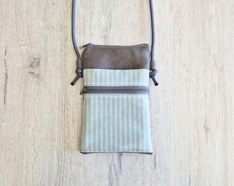 Phone case / Crossbody phone case / Shoulder bag / Cotton / Faux leather / Striped grey mint
