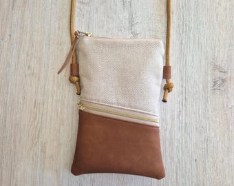 Phone case / Crossbody phone case / Shoulder bag / Cotton / Faux leather / Canvas beige brown