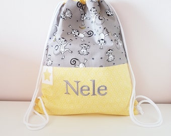 Children's gym bag with name and inner fabric, children's backpack, kindergarten gym bag, gym bag, sports bag, monkey, monkey, yellow, grey