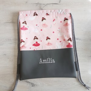 Sac de sport personnalisé avec prénom / sac de sport enfant / sac de sport maternelle / sac à dos / coton / simili cuir / ballerine rose gris