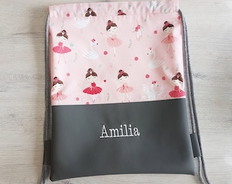 Personalized gym bag with name / children's gym bag / kindergarten gym bag / backpack / cotton / faux leather / ballerina pink grey