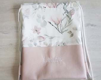 Sac de sport personnalisé avec prénom / sac de sport enfant / sac de sport maternelle / sac à dos / coton / simili cuir / fleurs florales