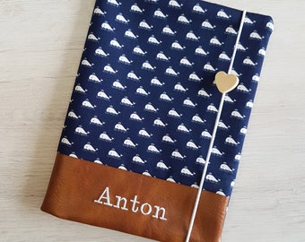 Personalized child health record book cover with name / vaccination record / health book cover / examination book cover / cotton / faux leather / whales nautical