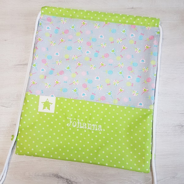 Children's gym bag with name and inner fabric, children's backpack, kindergarten gym bag, gym bag, sports bag, lollipop, stars, grey, green