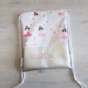 Sac de sport personnalisé avec nom / sac de sport pour enfants / sac de sport pour maternelle / sac à dos / coton / simili cuir / ballerine blanc argent